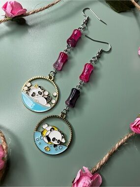 Handmade Bamboo Shaped Glass Bead Dangle Earrings with Panda Charms